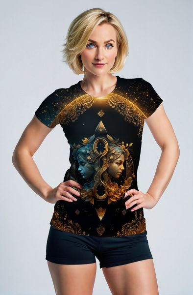 Gemini Duality Collection: Black Hoodie, Sweatshirt, Zip-Up, T-Shirt with Golden and Blue Twin Faces Design-T-Shirt