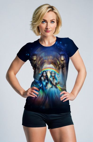 Gemini Dreamworld Collection: Dark Blue Hoodie, Sweatshirt, Zip-Up, T-Shirt with Rainbow and Mystical Twin Design-T-Shirt