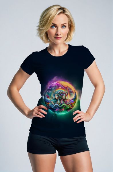 Gemini Cosmic Unity Collection: Navy Hoodie, Sweatshirt, Zip-Up, T-Shirt with Vibrant Twin Faces in Cosmic Setting-T-Shirt