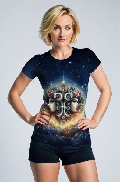 Gemini Cosmic Harmony Collection: Navy Hoodie, Sweatshirt, Zip-Up, T-Shirt with Floral Twin Faces and Starry Design