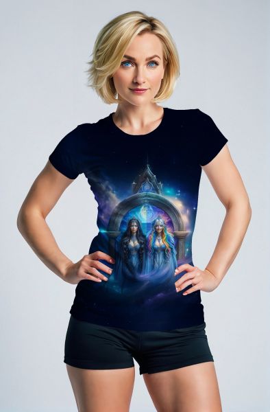 Gemini Cosmic Unity Collection: Navy Hoodie, Sweatshirt, Zip-Up, T-Shirt with Twin Faces and Vibrant Cosmic Elements-T-Shirt