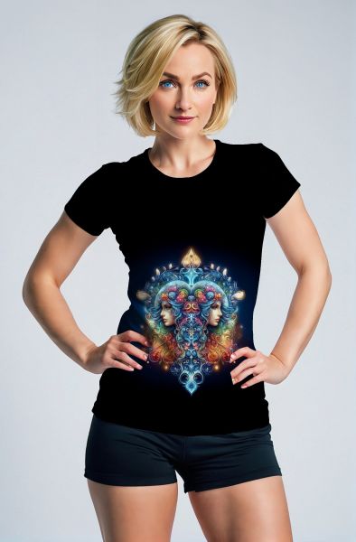 Gemini Astral Love Collection: Midnight Blue Hoodie, Sweatshirt, Zip-Up, T-Shirt with Colorful Twin Faces and Starry Flow-T-Shirt