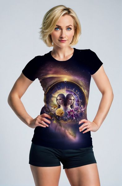 Gemini Timeless Twins Collection: Deep Purple Hoodie, Sweatshirt, Zip-Up, T-Shirt with Zodiac Clock and Twin Faces Design-T-Shirt
