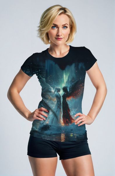 Gemini Celestial Battle Collection: Dark Blue Hoodie, Sweatshirt, Zip-Up, T-Shirt with Angelic and Demonic Twin Figures-T-Shirt