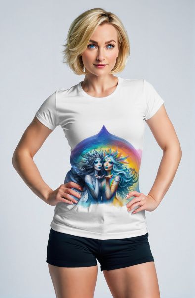 Gemini Duality of Nature Collection: White Hoodie, Sweatshirt, Zip-Up, T-Shirt with Colorful Twin Faces and Rainbow Elements