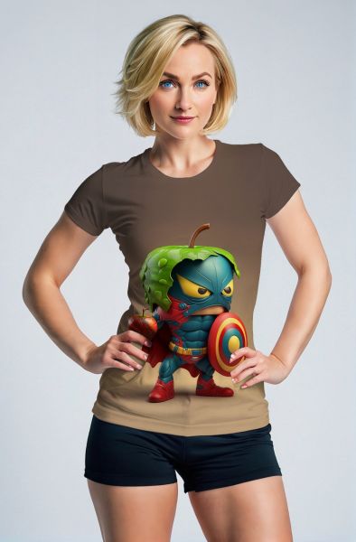 Khaki Tee – Cartoon Apple Hero with Shield and Leaf Helmet