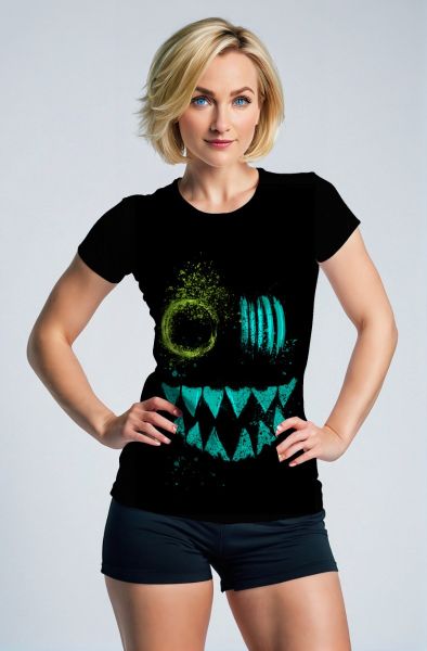Grin Glitch Tee – Jet Black Shirt with Acid Neon Face