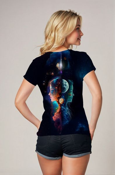 Gemini Cosmic Connection Collection: Dark Blue Hoodie, Sweatshirt, Zip-Up, T-Shirt with Galactic Twin Faces and Planets Design-T-Shirt