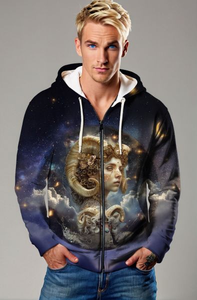 Aries Zodiac Collection: The Cosmic Ram Hoodie, Sweatshirt, Zip-Up, T-Shirt-Zip Up Hoodie
