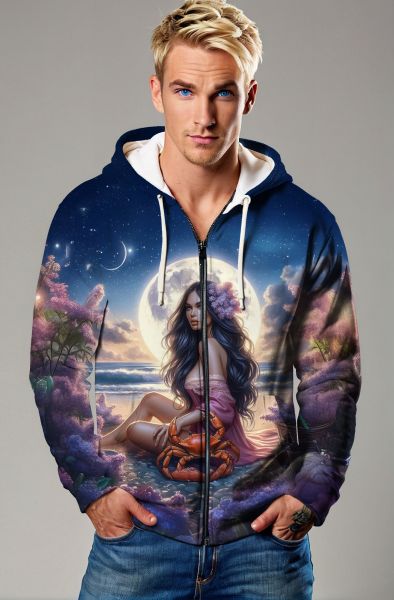 Cancer Zodiac Collection: Moonlit Serenity Hoodie, Sweatshirt, Zip-Up, T-Shirt-Zip Up Hoodie