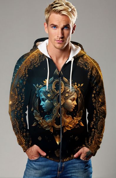 Gemini Duality Collection: Black Hoodie, Sweatshirt, Zip-Up, T-Shirt with Golden and Blue Twin Faces Design-Zip Up Hoodie
