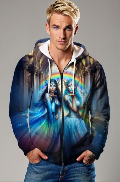 Gemini Dreamworld Collection: Dark Blue Hoodie, Sweatshirt, Zip-Up, T-Shirt with Rainbow and Mystical Twin Design-Zip Up Hoodie
