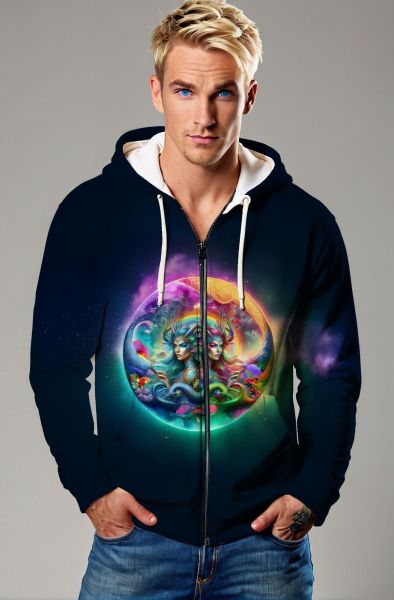 Gemini Cosmic Unity Collection: Navy Hoodie, Sweatshirt, Zip-Up, T-Shirt with Vibrant Twin Faces in Cosmic Setting