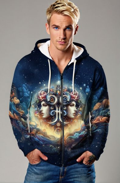 Gemini Cosmic Harmony Collection: Navy Hoodie, Sweatshirt, Zip-Up, T-Shirt with Floral Twin Faces and Starry Design-Zip Up Hoodie
