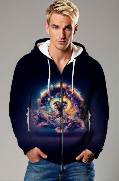 Gemini Celestial Twins Collection: Black Hoodie, Sweatshirt, Zip-Up, T-Shirt with Zodiac Clock and Mystical Twin Faces-Zip Up Hoodie