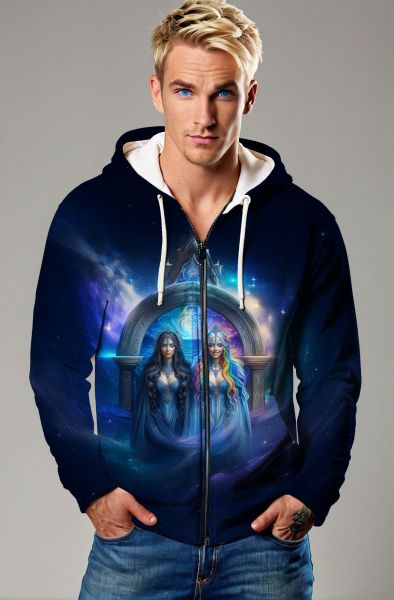 Gemini Cosmic Unity Collection: Navy Hoodie, Sweatshirt, Zip-Up, T-Shirt with Twin Faces and Vibrant Cosmic Elements-Zip Up Hoodie
