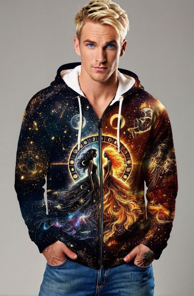 Gemini Eclipse Duality Collection: Black Hoodie, Sweatshirt, Zip-Up, T-Shirt with Celestial Twin Faces and Cosmic Balance-Zip Up Hoodie