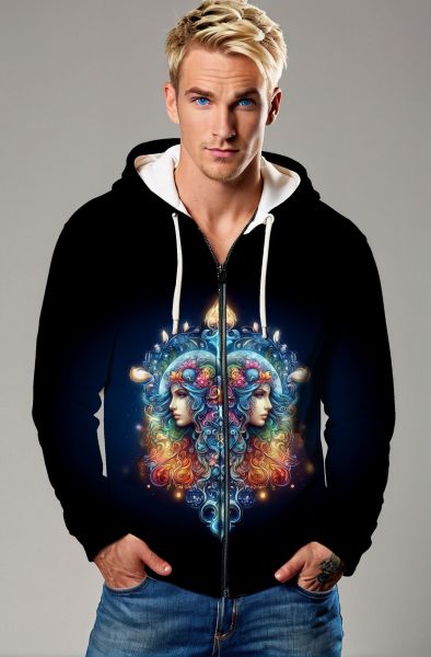 Gemini Astral Love Collection: Midnight Blue Hoodie, Sweatshirt, Zip-Up, T-Shirt with Colorful Twin Faces and Starry Flow-Zip Up Hoodie