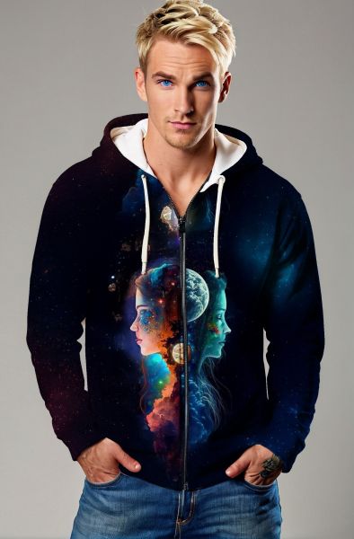 Gemini Cosmic Connection Collection: Dark Blue Hoodie, Sweatshirt, Zip-Up, T-Shirt with Galactic Twin Faces and Planets Design-Zip Up Hoodie