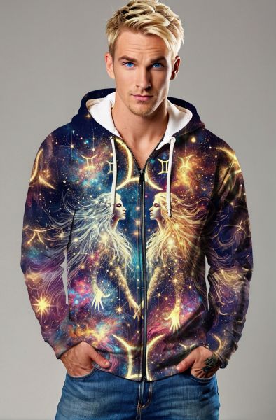 Gemini Celestial Harmony Collection: Midnight Blue Hoodie, Sweatshirt, Zip-Up, T-Shirt with Cosmic Twin Figures and Stars-Zip Up Hoodie
