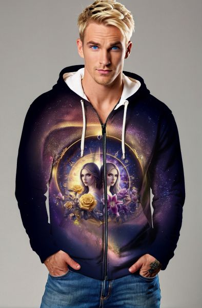 Gemini Timeless Twins Collection: Deep Purple Hoodie, Sweatshirt, Zip-Up, T-Shirt with Zodiac Clock and Twin Faces Design-Zip Up Hoodie