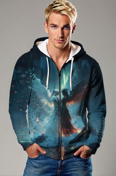 Gemini Celestial Battle Collection: Dark Blue Hoodie, Sweatshirt, Zip-Up, T-Shirt with Angelic and Demonic Twin Figures-Zip Up Hoodie