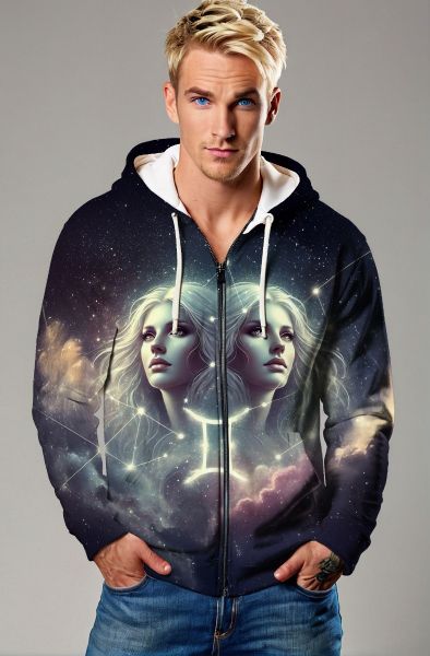 Gemini Cosmic Convergence Collection: Black Hoodie, Sweatshirt, Zip-Up, T-Shirt with Intertwined Twin Souls and Galactic Energy