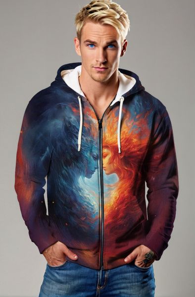 Gemini Flames of Duality Collection: Deep Purple Hoodie, Sweatshirt, Zip-Up, T-Shirt with Fiery Twin Faces Design-Zip Up Hoodie