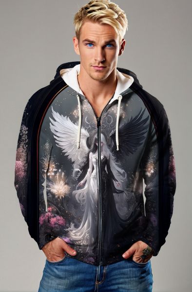 Gemini Light and Dark Wings Collection: Dark Gray Hoodie, Sweatshirt, Zip-Up, T-Shirt with Angelic and Dark Twin Figures-Zip Up Hoodie