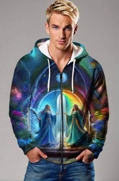 Gemini Celestial Connection Collection: Black Hoodie, Sweatshirt, Zip-Up, T-Shirt with Stellar Twin Faces and Cosmic Flow-Zip Up Hoodie