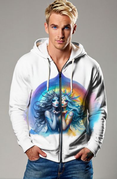 Gemini Duality of Nature Collection: White Hoodie, Sweatshirt, Zip-Up, T-Shirt with Colorful Twin Faces and Rainbow Elements-Zip Up Hoodie