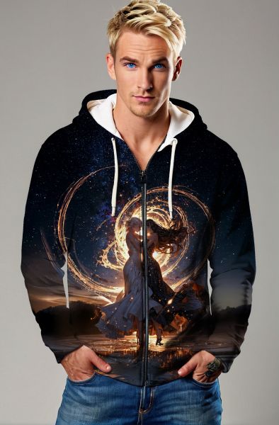 Gemini Eternal Dance Collection: Black Hoodie, Sweatshirt, Zip-Up, T-Shirt with Cosmic Twin Dance and Starry Swirl-Zip Up Hoodie