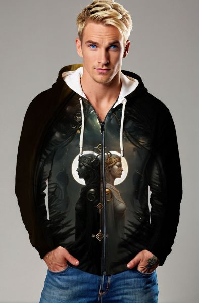 Gemini Dark and Light Balance Collection: Black Hoodie, Sweatshirt, Zip-Up, T-Shirt with Dual Nature and Cosmic Light-Zip Up Hoodie