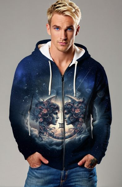 Gemini Zodiac Collection: Celestial Twins Mirror Image Hoodie, Sweatshirt, Zip-Up, T-Shirt-Zip Up Hoodie