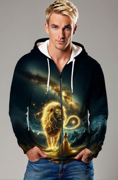 Radiant Lion: The Cosmic Majesty Hoodie, Sweatshirt, Zip-Up, T-Shirt-Zip Up Hoodie