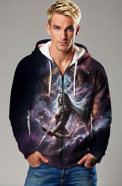 Sagittarius' Cosmic Huntress: Archer of the Celestial Realm Hoodie, Sweatshirt, Zip-Up, T-Shirt-Zip Up Hoodie