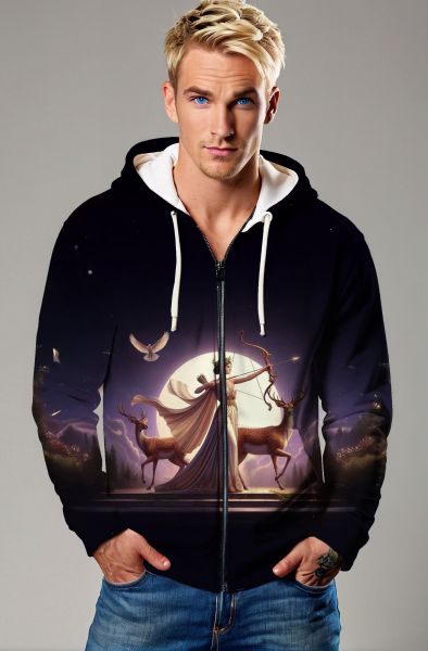 Sagittarius' Moonlit Majesty: The Celestial Huntress Hoodie, Sweatshirt, Zip-Up, T-Shirt-Zip Up Hoodie