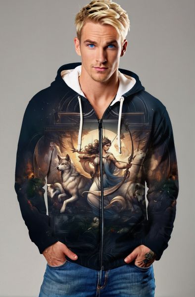Sagittarius' Cosmic Huntress: The Lunar Wolf Hoodie, Sweatshirt, Zip-Up, T-Shirt-Zip Up Hoodie
