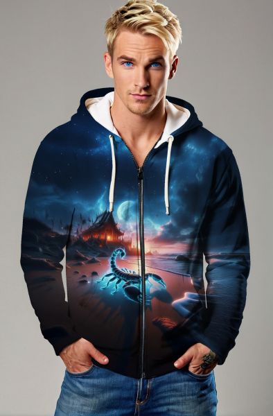 Scorpio Zodiac Collection: Scorpion Spirit and Cosmic Guardian Double-Faced Design Hoodie, Sweatshirt, Zip-Up, T-Shirt