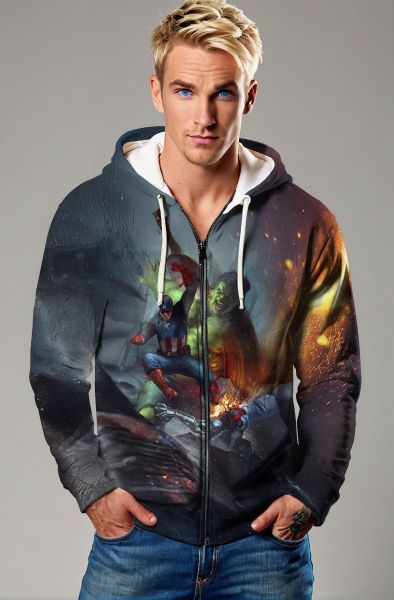 Dark Gray Avengers Battle Scene Zip‑Up Hoodie