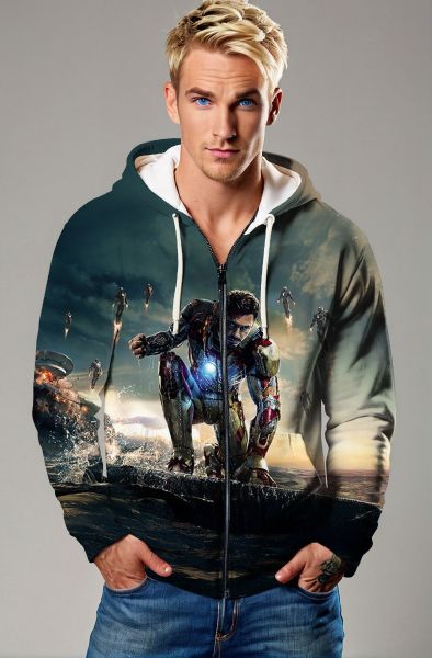 Iron Man Armor Graphic Zip‑Up Hoodie – Dark Green & Black