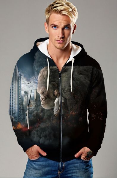  Black Giant Ape Cityscape Graphic Zip‑Up Hoodie