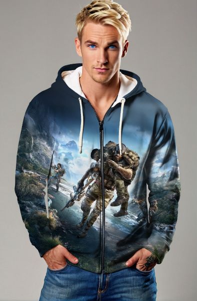 Blue‑Black Tactical Rescue Graphic Zip‑Up Hoodie