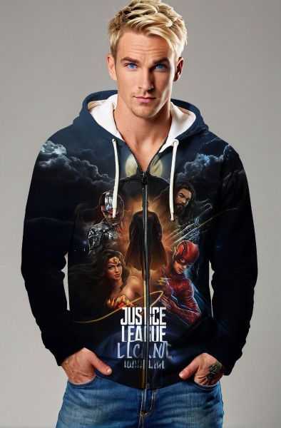 Dark Blue Justice League Graphic Zip‑Up Hoodie