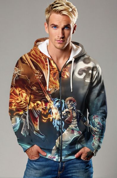 Brown & Blue Anime Battle Zip‑Up Hoodie