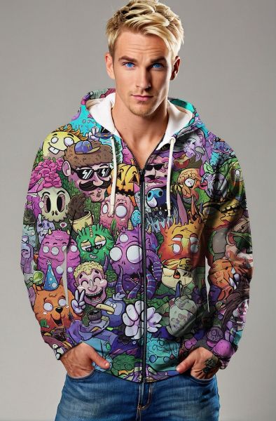 Multicolor Cartoon Characters Zip-Up Hoodie