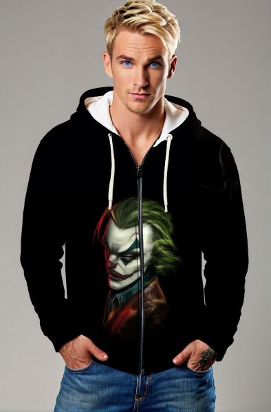 Black Joker Portrait Zip‑Up Hoodie