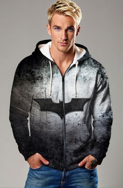 Black & Gray Zip Hoodie – Distressed Bat Symbol Aesthetic
