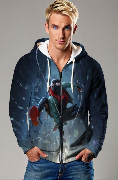 Dark Blue Zip Hoodie – Miles Morales Aerial Leap Graphic