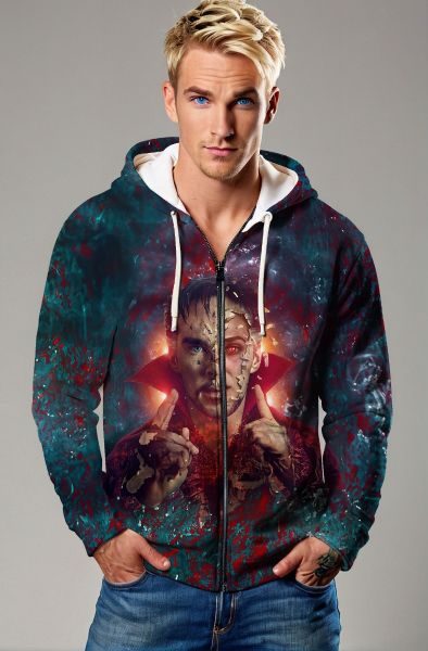Shattered Spell Zip-Up Hoodie – Deep Green & Red Full-Zip Sorcerer Jacket